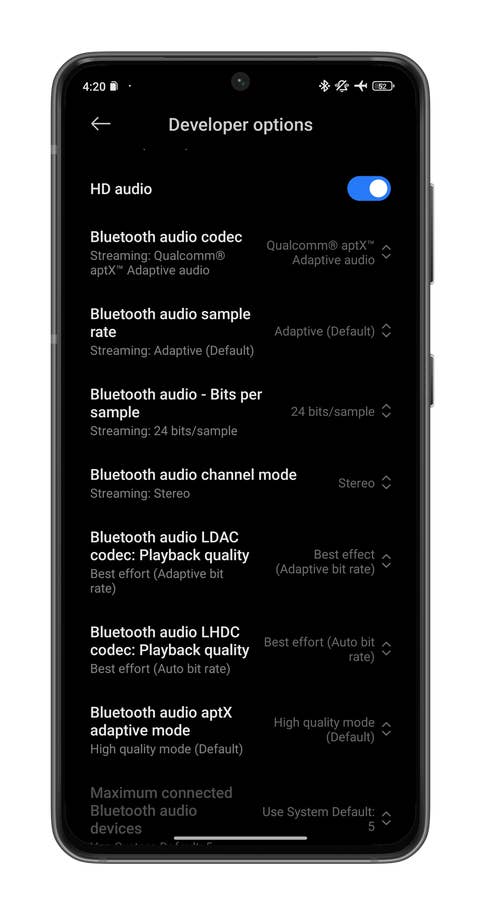 Une capture du0027écran montrant comment voir les différents codecs Bluetooth pris en charge par votre smartphone Android