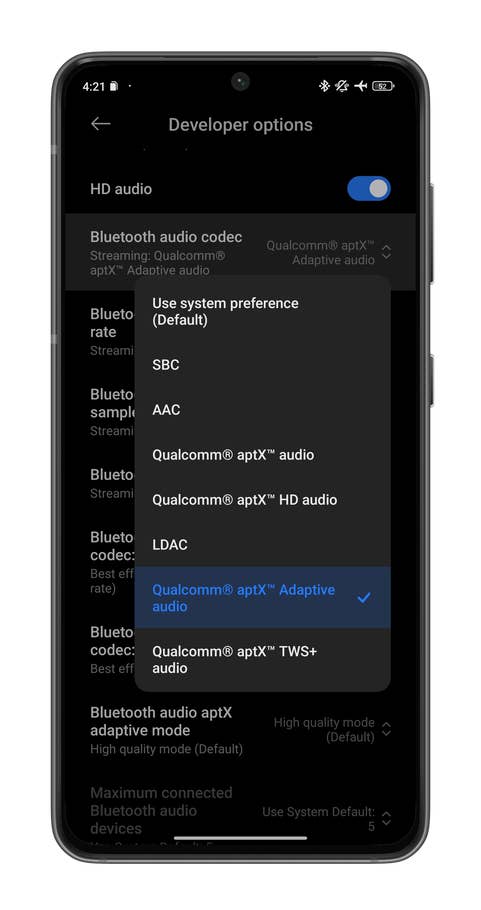 Une capture du0027écran montrant comment changer le codec Bluetooth de son smartphone Android