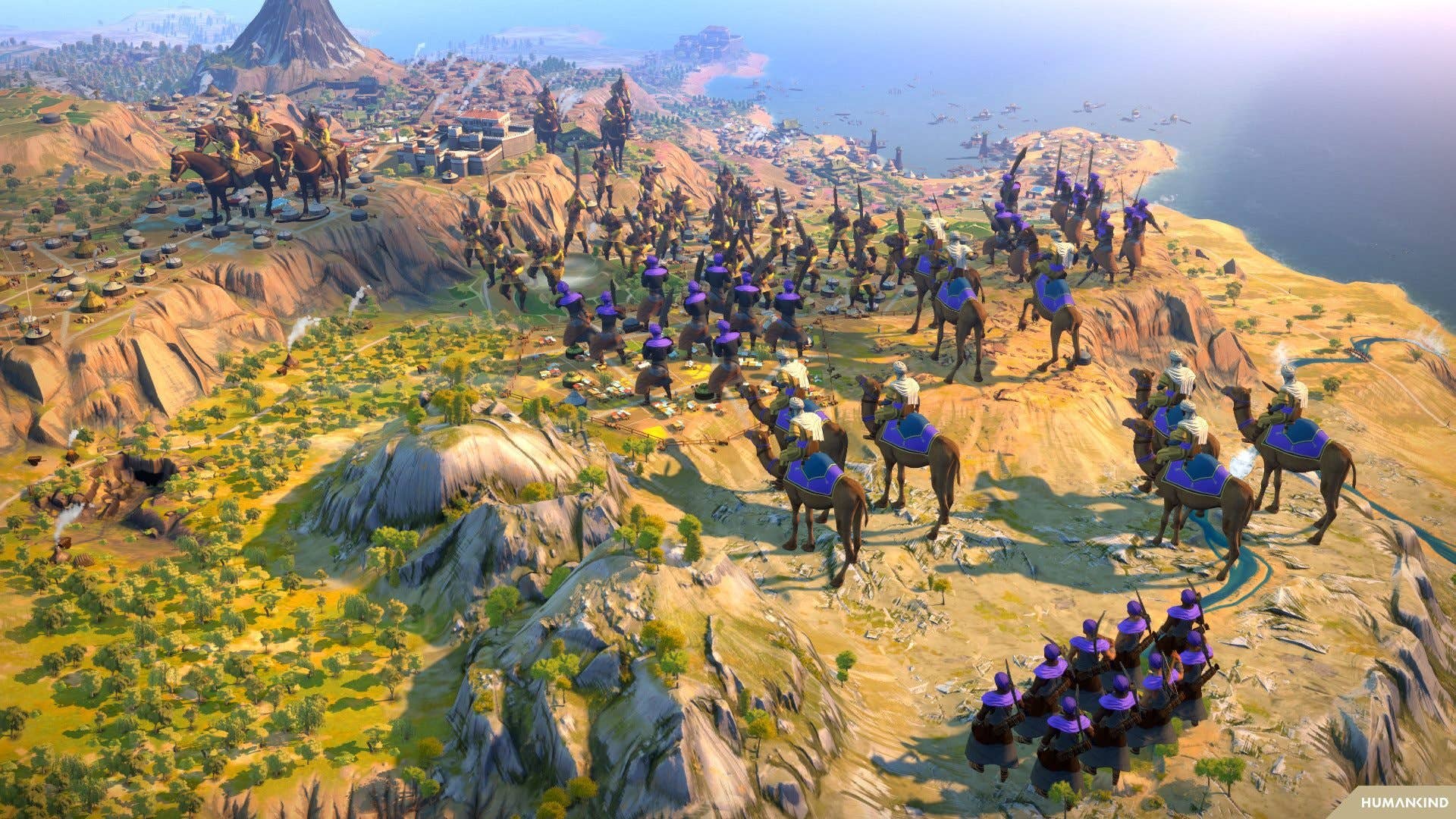 Un paysage avec des chameaux et des soldats dans un cadre de jeu de stratégie.