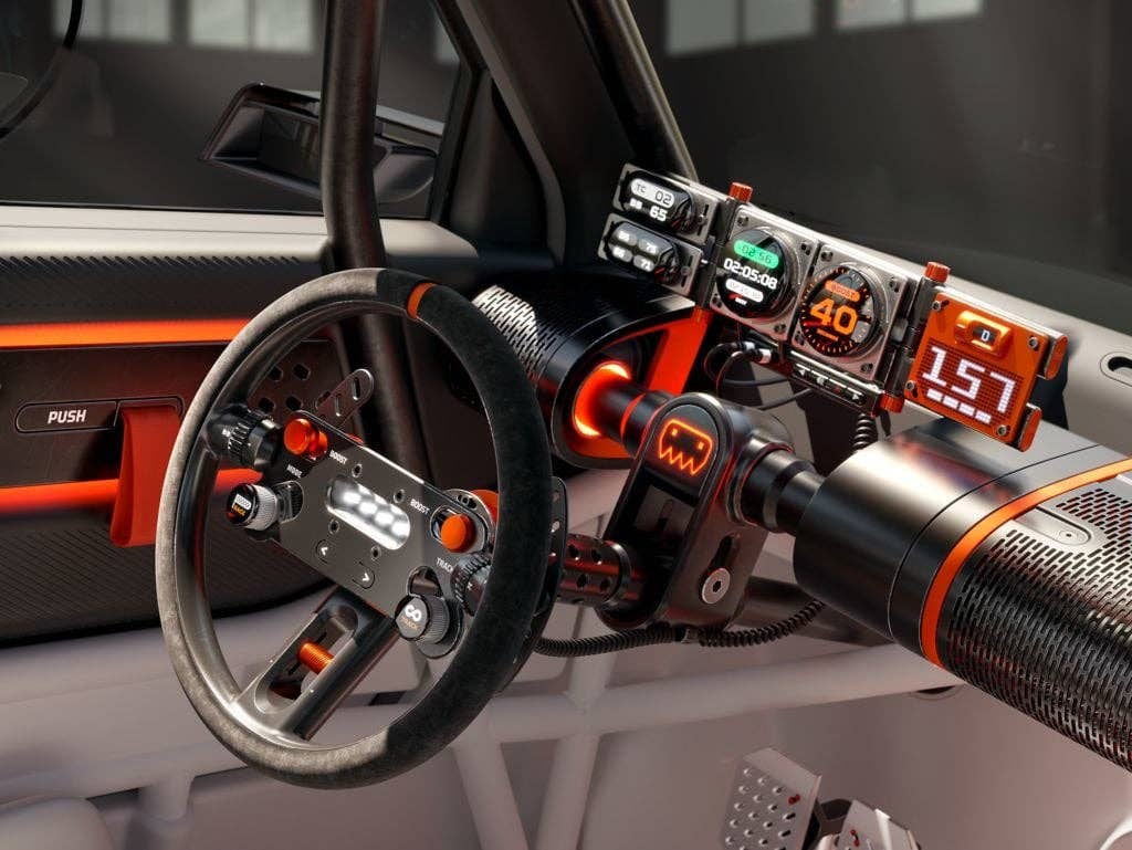 Gros plan d'un tableau de bord de voiture futuriste avec un affichage numérique et des commandes de course.