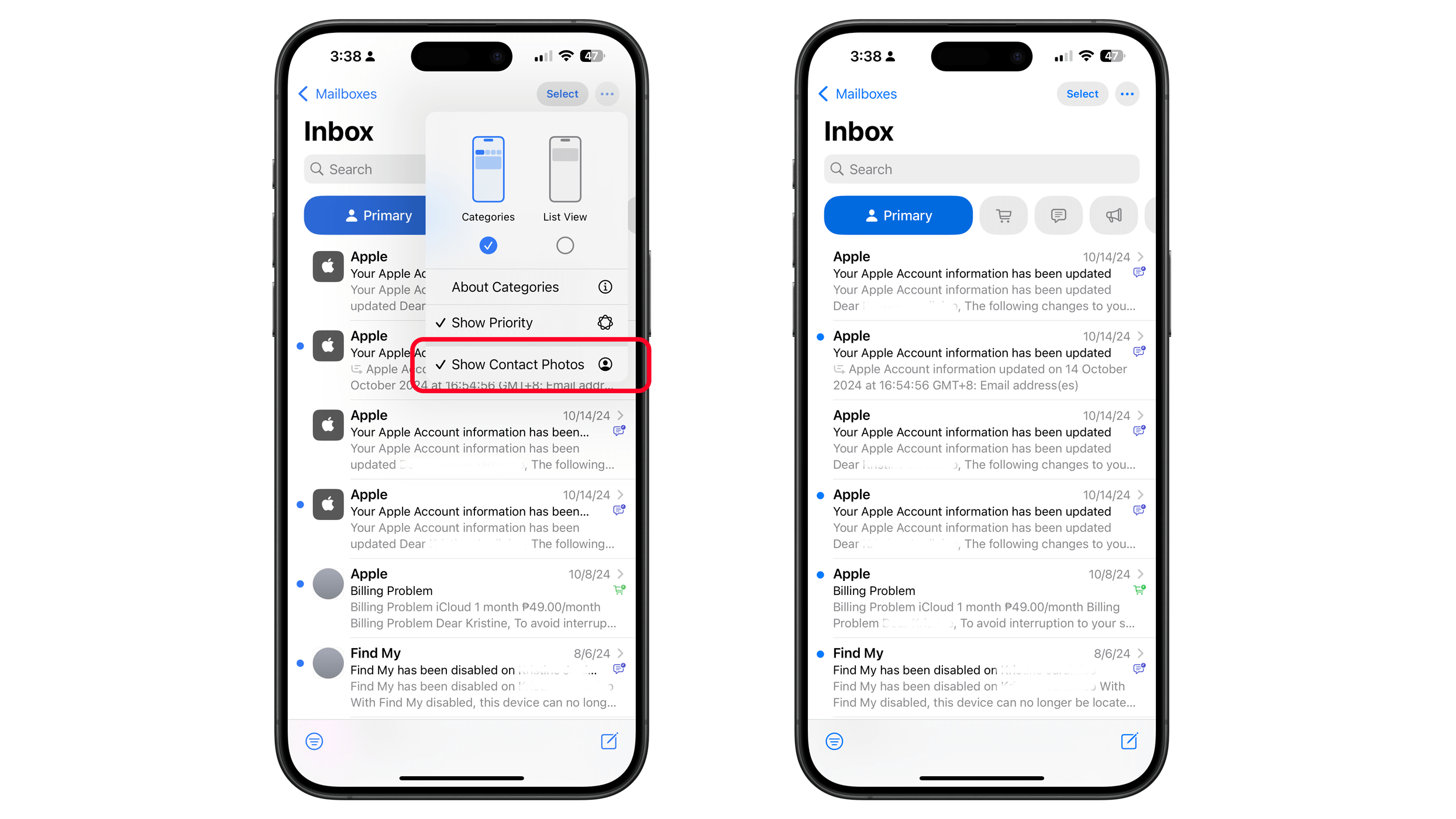 Boîte de réception de l'application Mail iOS montrant des options pour afficher les photos de contact et les mises à jour par e-mail.