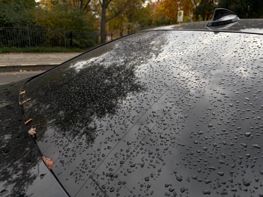 Gros plan d'une fenêtre de voiture mouillée avec des gouttes d'eau et quelques feuilles tombées.
