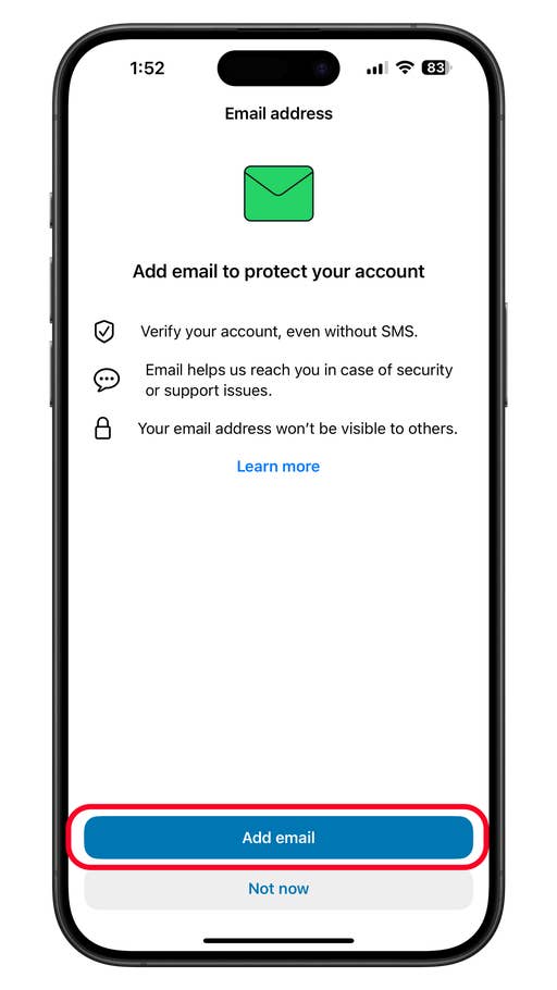 Écran affichant lu0027invite de vérification par e-mail de WhatsApp Business avec le bouton u0027Ajouter un e-mailu0027.