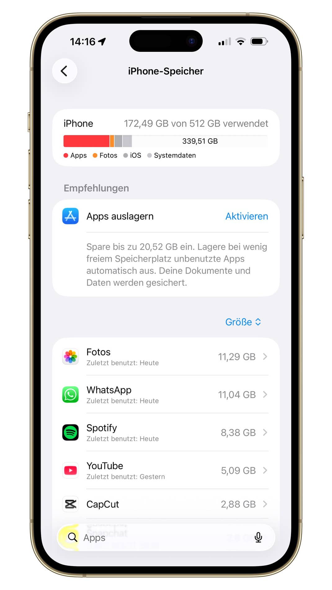 Ein Screenshot aus den Speicher-Einstellungen
