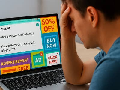 Un homme a l'air stressé alors qu'il utilise un ordinateur portable qui affiche une publicité ChatGPT avec 50% de réduction.