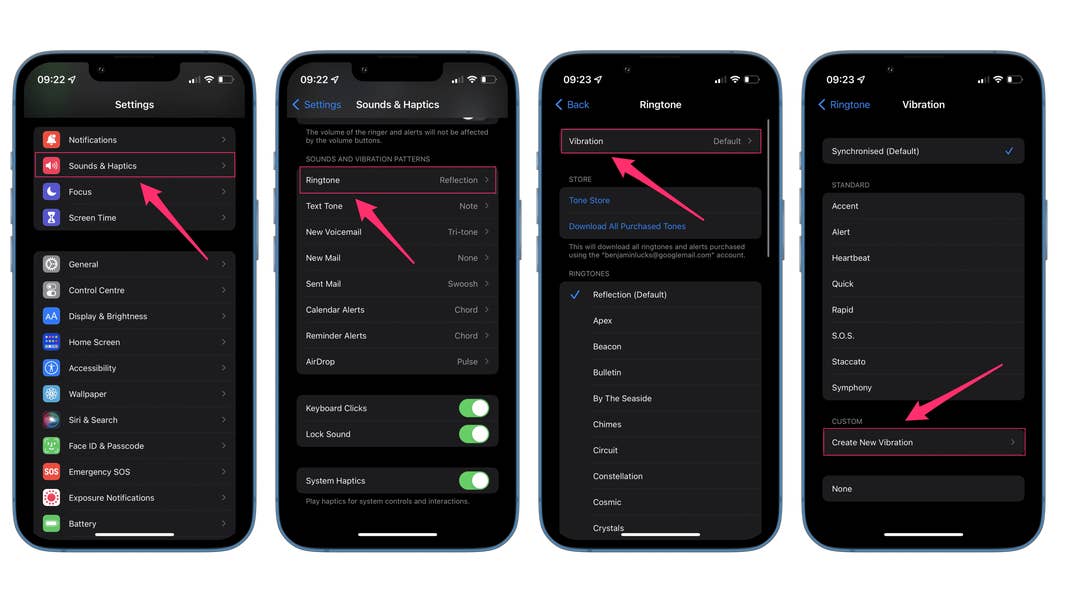 So kommt Ihr zum Editor für neue Vibrationen. Screenshots, die zeigen, wie man zum Vibrations-Editor auf dem iPhone gelangt.