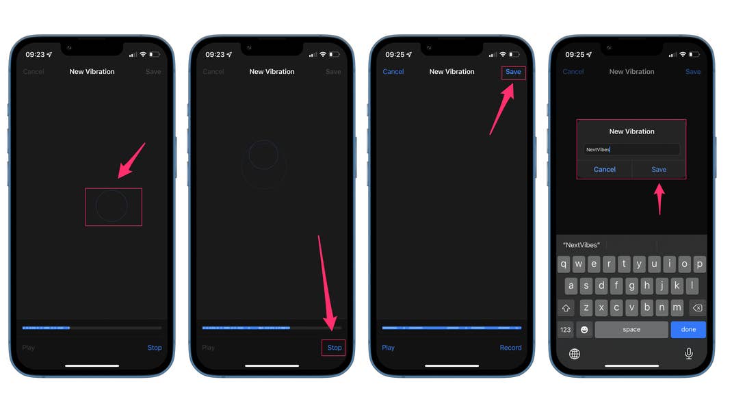 Wie in einem Musikprogramm könnt Ihr Vibrationen erstellen. Screenshot, die zeigen, wie man den Vibrations-Editor auf dem iPhone nutzt.