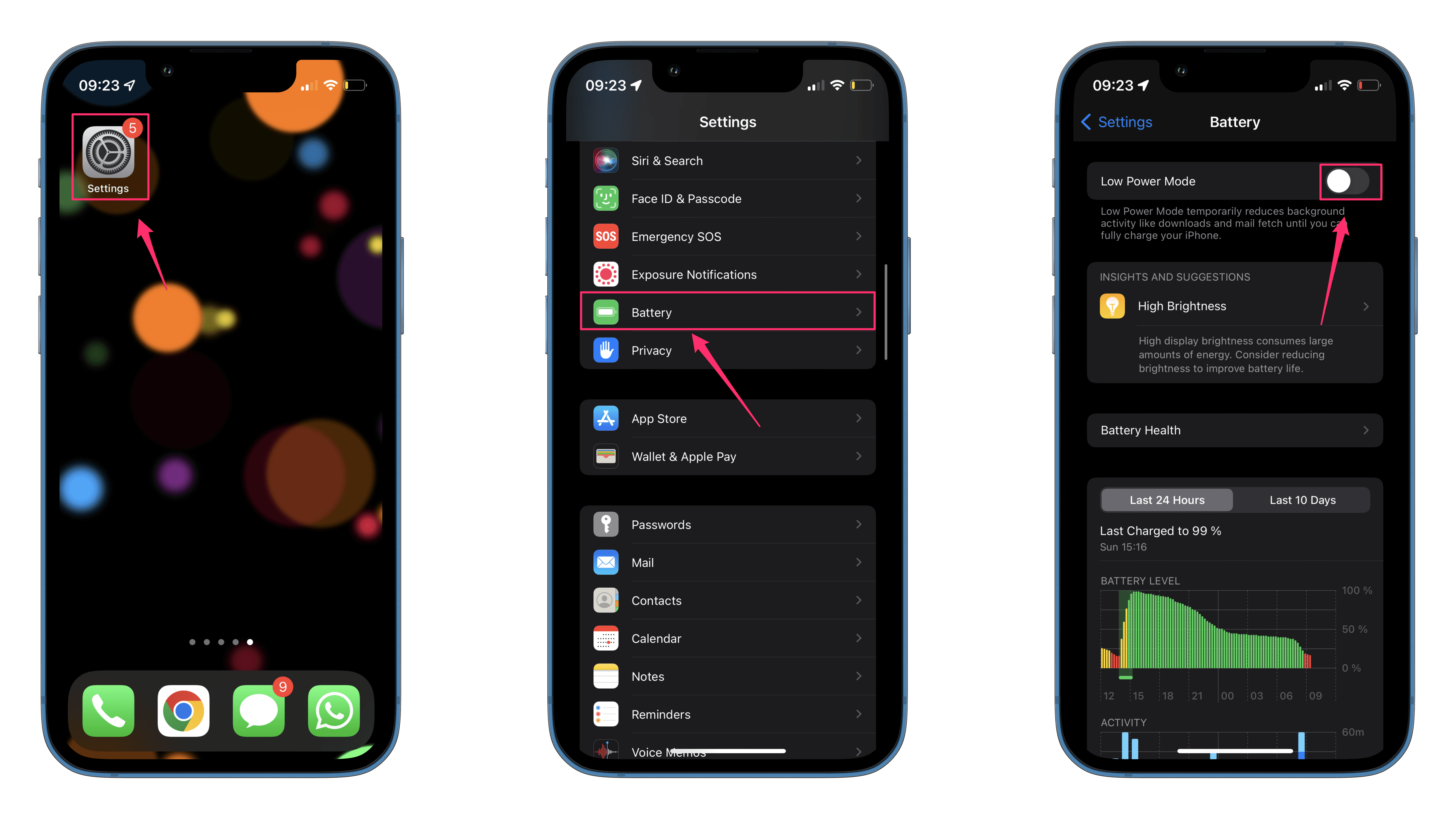 Screenshots, die zeigen, wie man den Batteriesparmodus beim iPhone aktivieren kann.