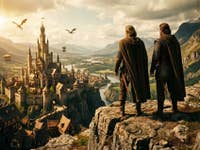 Deux hommes regardent de haut une ville de fantasy
