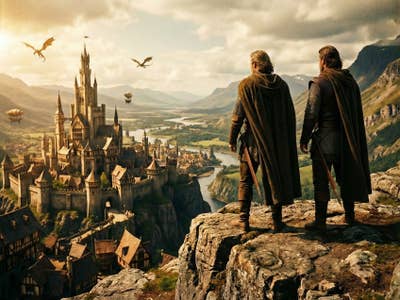 Deux hommes regardent de haut une ville de fantasy