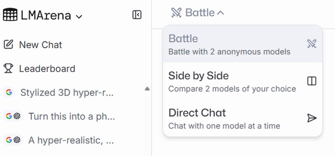 Screenshot von LMArena mit den verfügbaren Modi