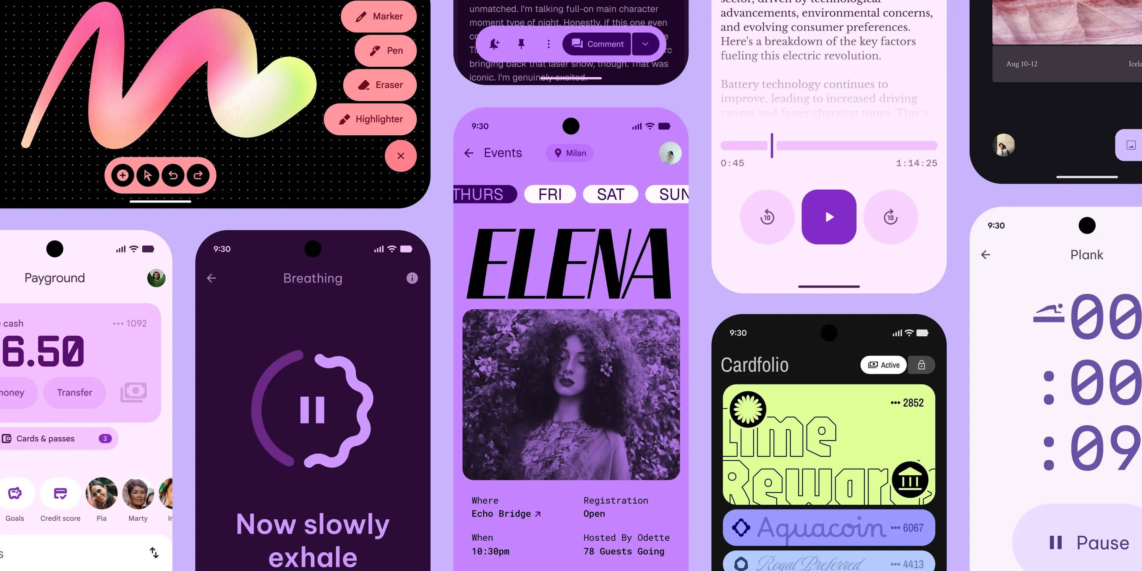 Divers designs d'applications pour smartphone présentant Android 16 Material 3 avec des interfaces expressives.