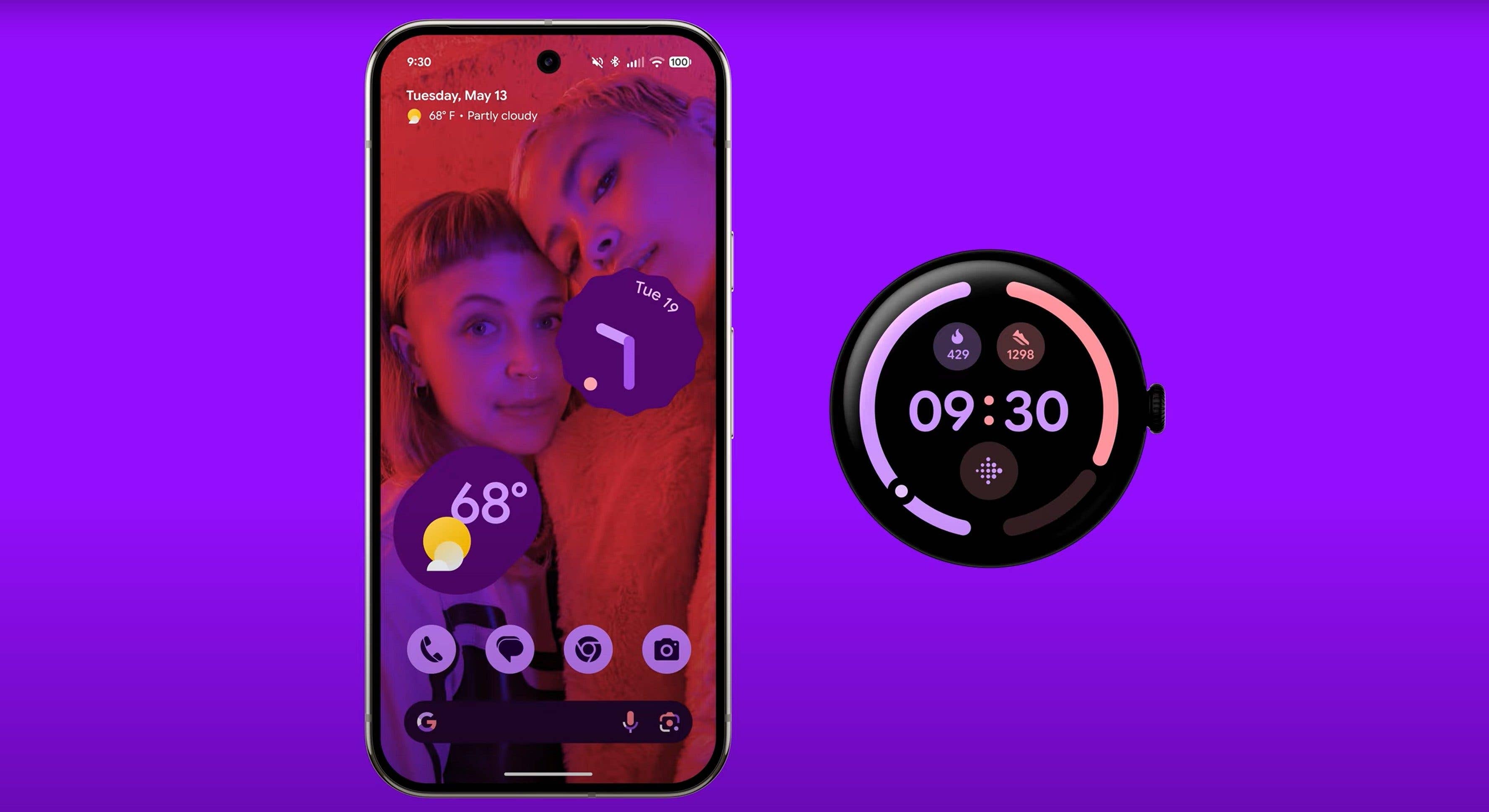 Un smartphone affichant un widget météo et une montre WearOS sur fond violet.