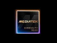 Logo MediaTek Dimensity 9500 avec lettres dorées sur fond noir.