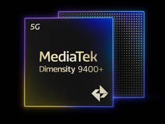 Logo MediaTek Dimensity 9400+ avec le texte 5G sur fond sombre.