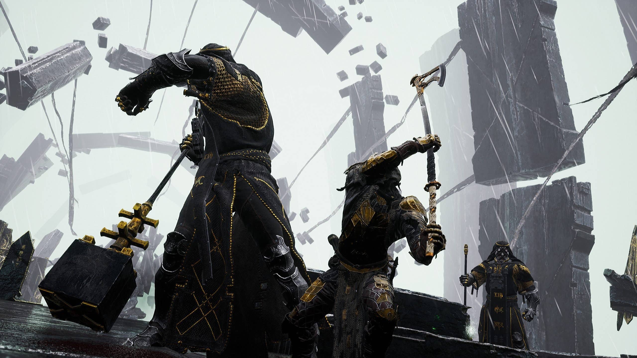 Deux figures armées brandissant des armes dans un paysage désolé et dramatique avec des débris flottants.