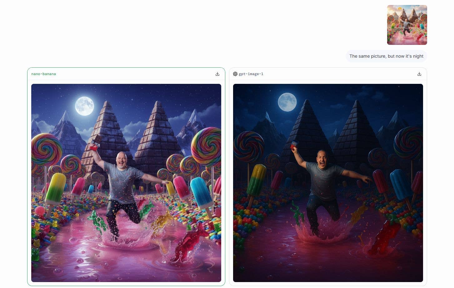 Une personne éclabousse dans un paysage coloré de bonbons la nuit, entourée de sucettes et de structures en bonbons. Une personne éclabousse dans un paysage coloré de bonbons la nuit, entourée de sucettes et de structures en bonbons.