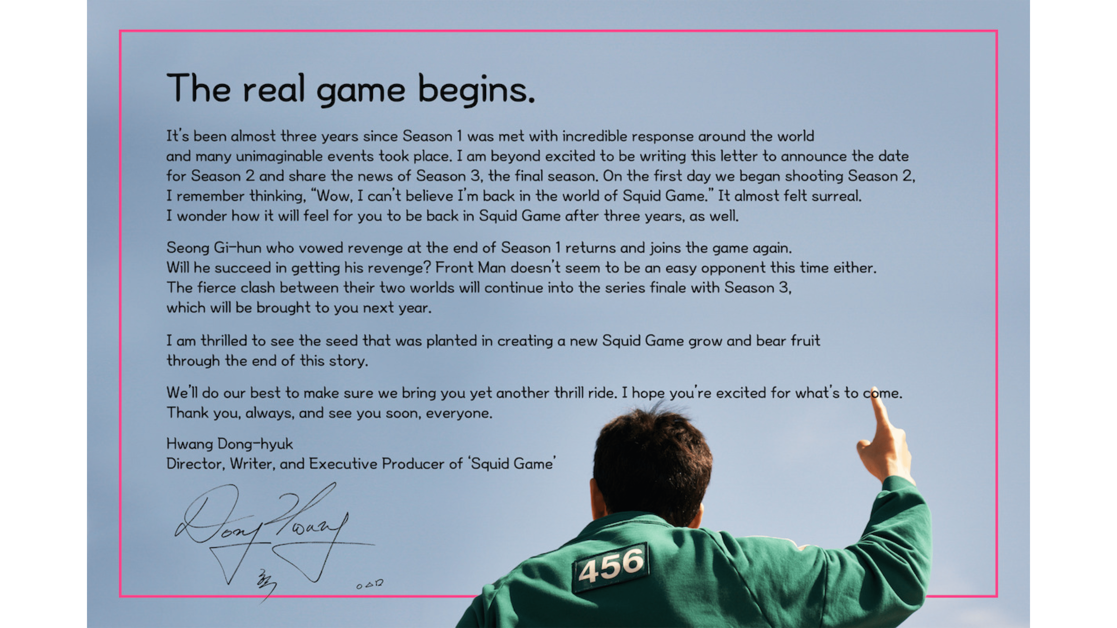 Lettre de Hwang Dong-hyuk annonçant la saison 2 de 'Squid Game' avec une signature.