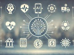 Icônes futuristes représentant la santé, les finances, l'IA et la durabilité interconnectées dans un design technologique.