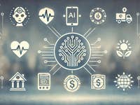 Icônes futuristes représentant la santé, les finances, l'IA et la durabilité interconnectées dans un design technologique.