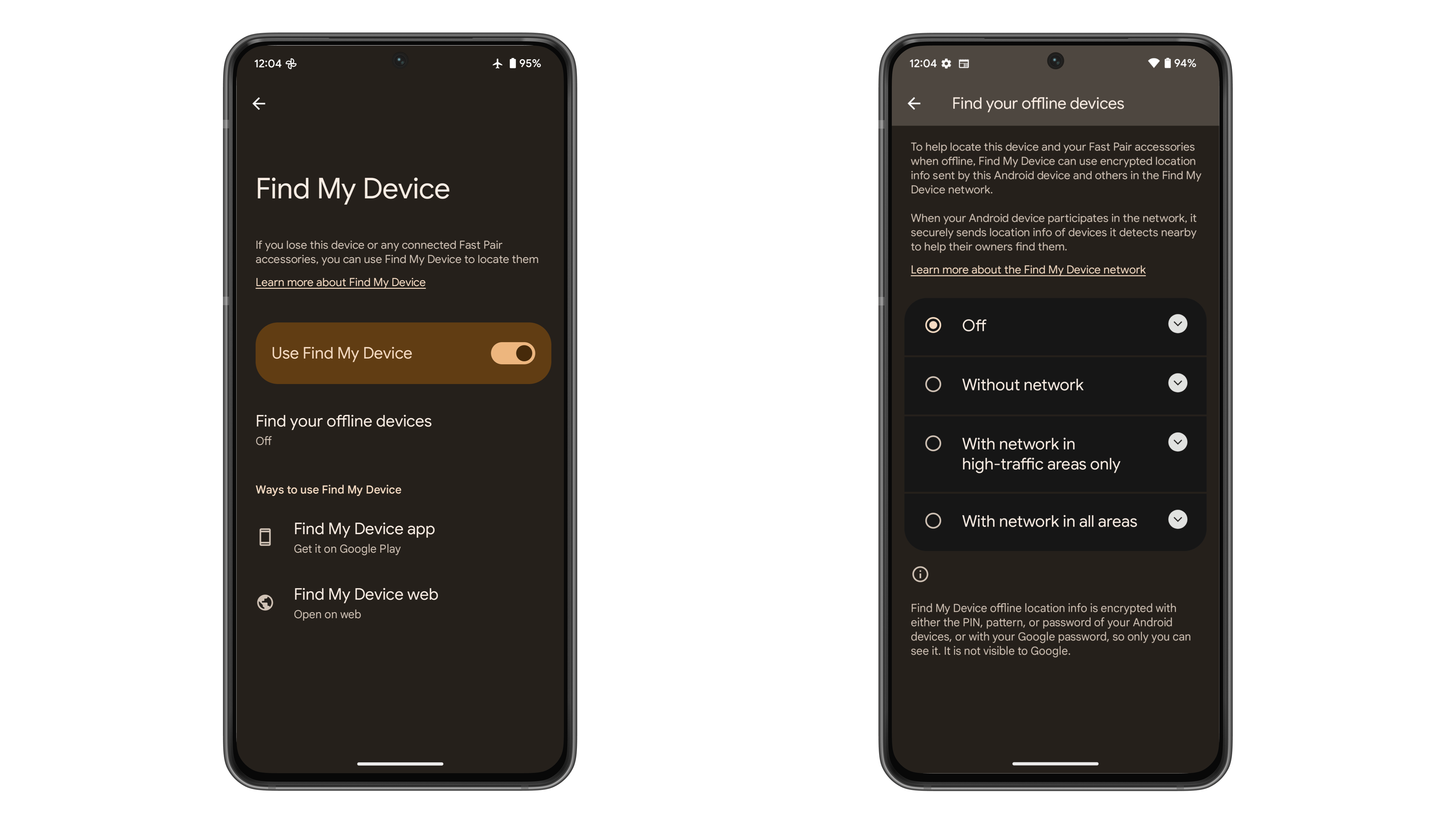 Captures d'écran du menu Find My Device dans les paramètres d'un smartphone Android