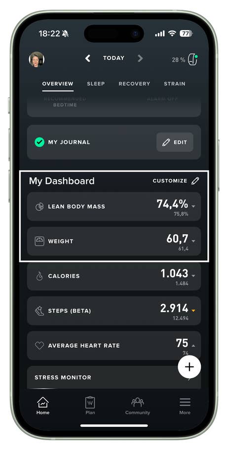 Tableau de bord de lu0027application Whoop montrant les mesures corporelles, y compris la masse corporelle maigre et le poids.