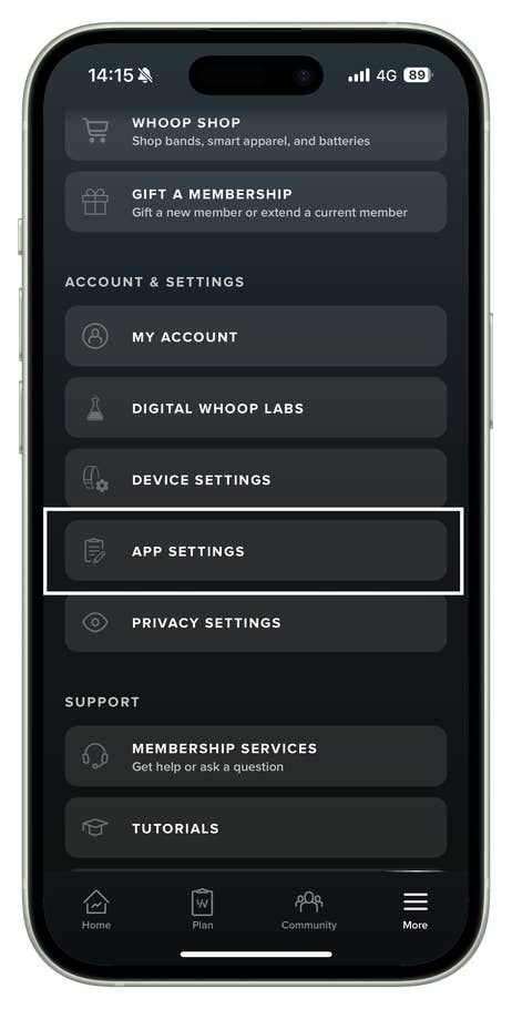 Interface de lu0027application Whoop montrant lu0027option u0027Paramètres de lu0027applicationu0027 sous u0027Compte et paramètresu0027.