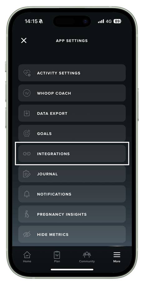 Écran des paramètres de lu0027application Whoop affichant lu0027option u0027Intégrationsu0027 en surbrillance.
