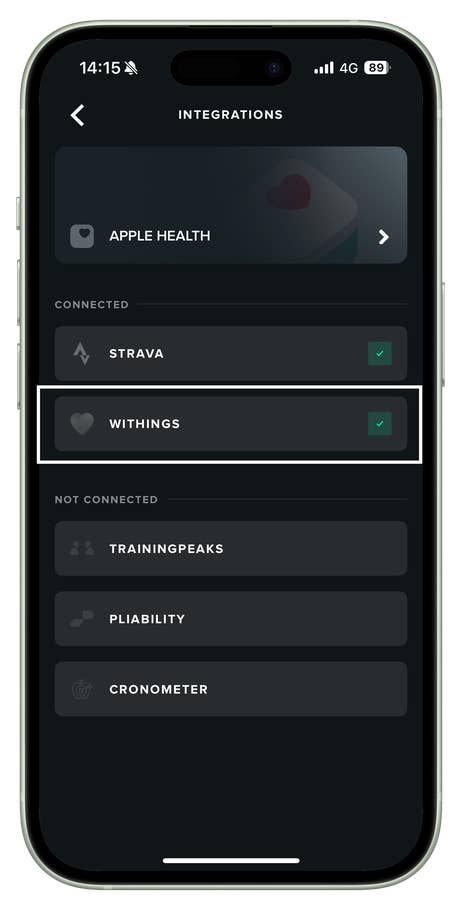 Écran de lu0027application Whoop montrant la connexion à Withings.