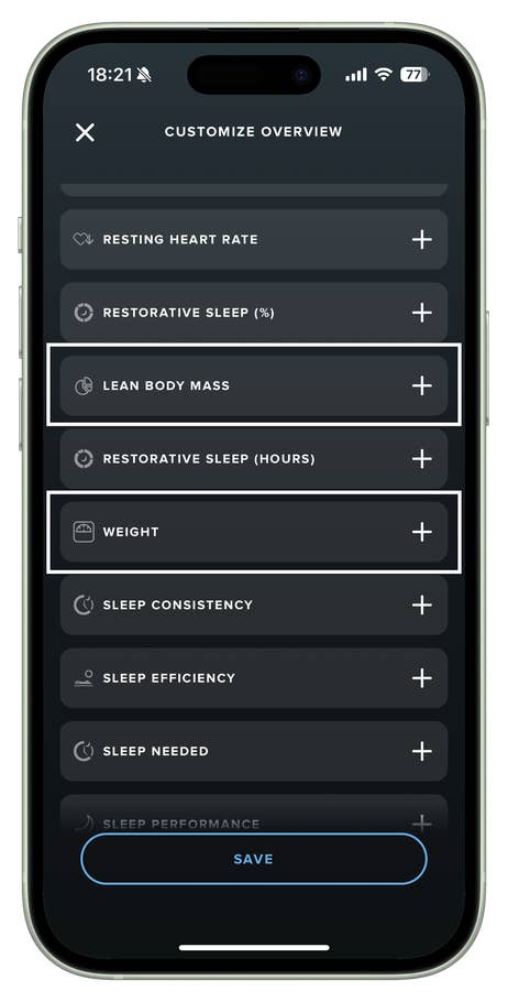 Un écran de smartphone affichant lu0027aperçu de personnalisation de lu0027application Whoop avec des options pour la masse corporelle maigre et le poids.