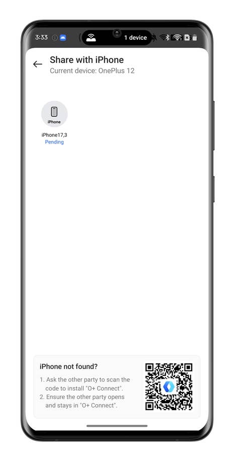 Écran de partage du OnePlus 12 montrant les options de connexion avec lu0027iPhone.