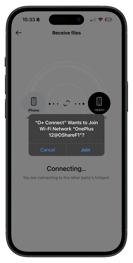Un écran de smartphone affichant une demande de connexion Wi-Fi pour u0027OnePlus 12@OShareF1u0027.