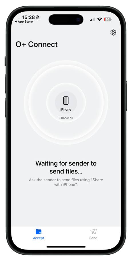 Interface de lu0027application OnePlus O+ Connect montrant lu0027état du transfert de fichiers.