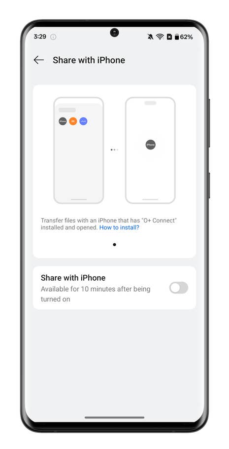 Interface OnePlus montrant la fonction u0027Partager avec iPhoneu0027 et des instructions pour transférer des fichiers.