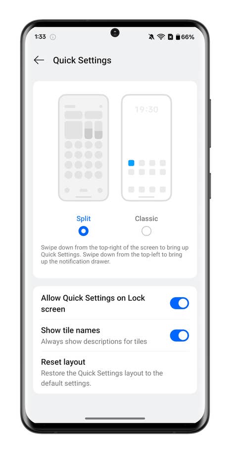 Écran de téléphone OnePlus affichant les options du menu des paramètres rapides.