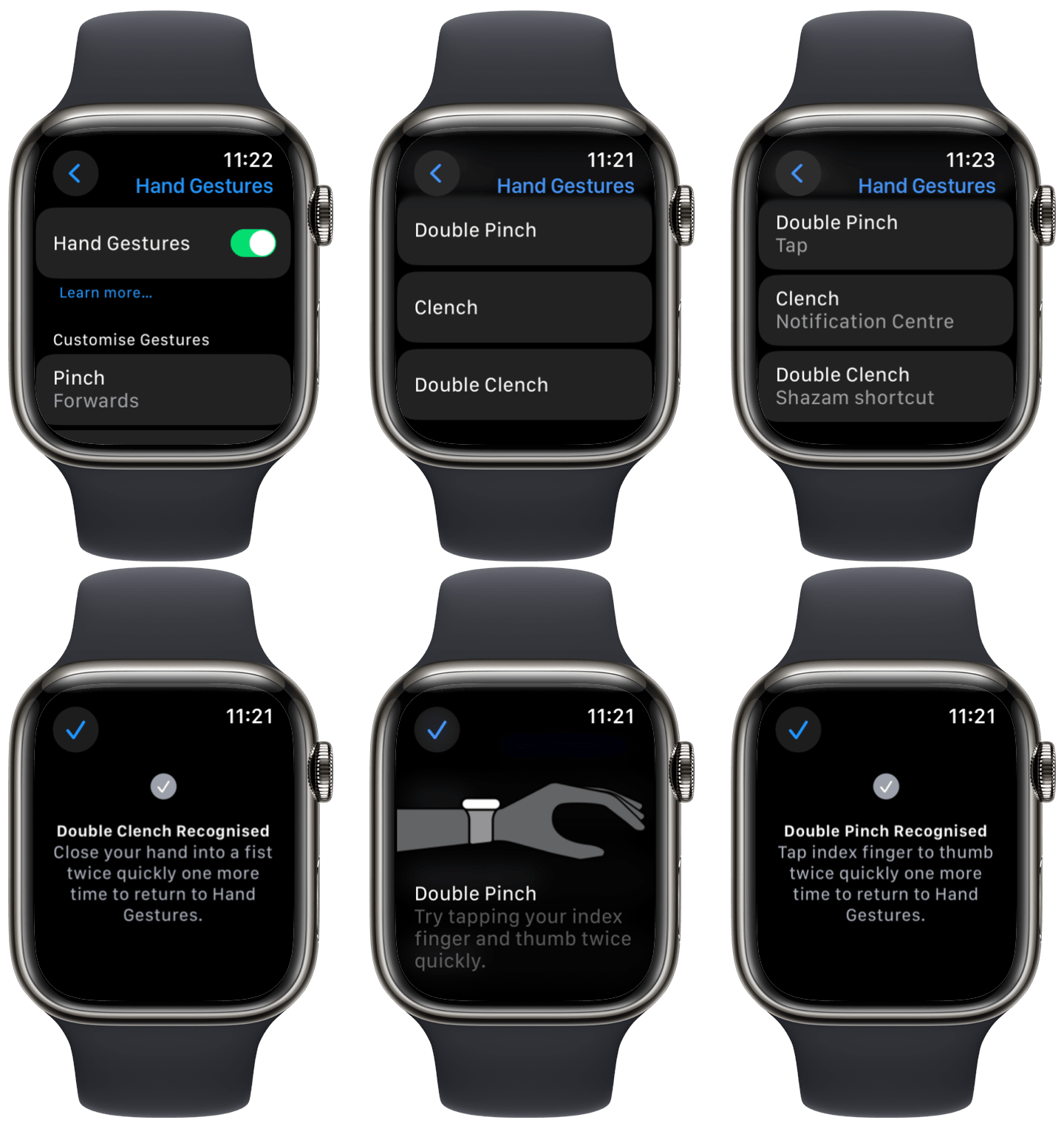 Captures d'écran montrant comment activer le geste Double Tap sur votre Apple Watch directement