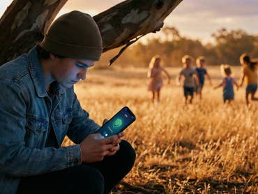 Un adolescent avec un smartphone est assis à l'ombre d'un arbre, tandis que des enfants jouent en arrière-plan.