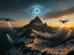 Des drones volent au-dessus d'une montagne enneigée au coucher du soleil, avec un œil AI lumineux au-dessus.