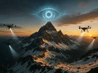 Des drones volent au-dessus d'une montagne enneigée au coucher du soleil, avec un œil AI lumineux au-dessus.