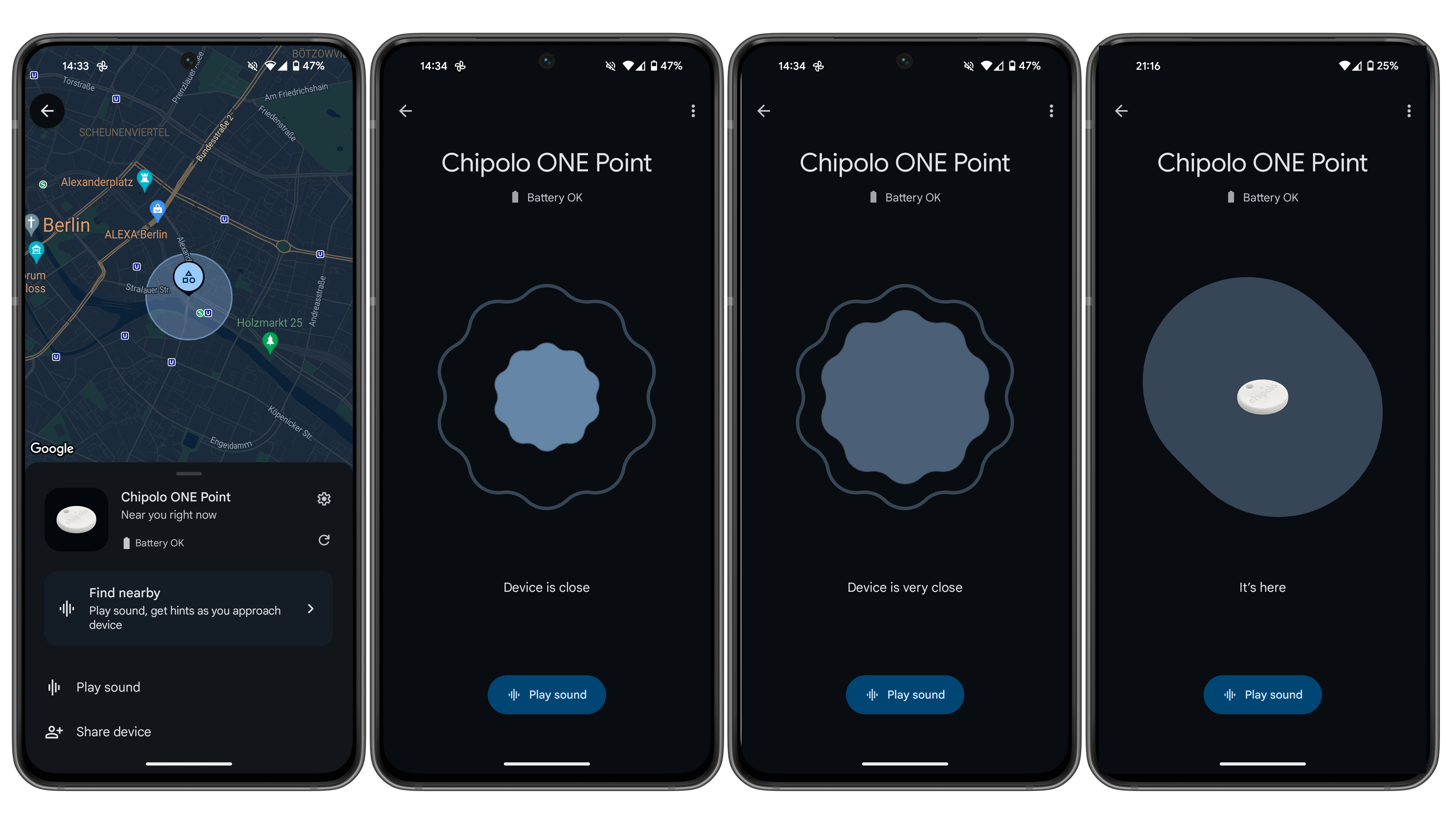 Captures d'écran des réglages de Find My Device avec le tracker d'objets Chipolo