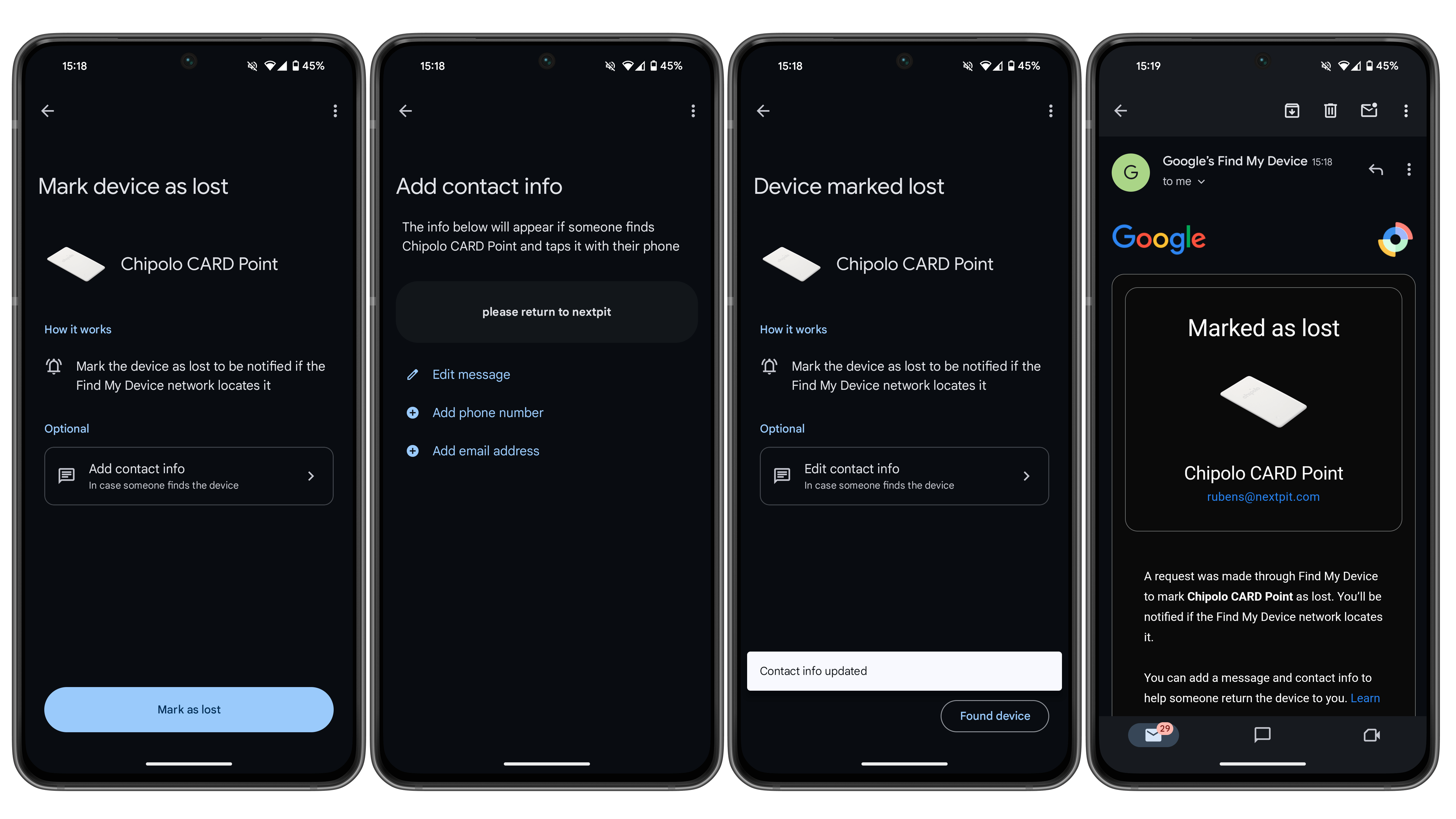 Captures d'écran des réglages de Find My Device avec le tracker d'objets Chipolo