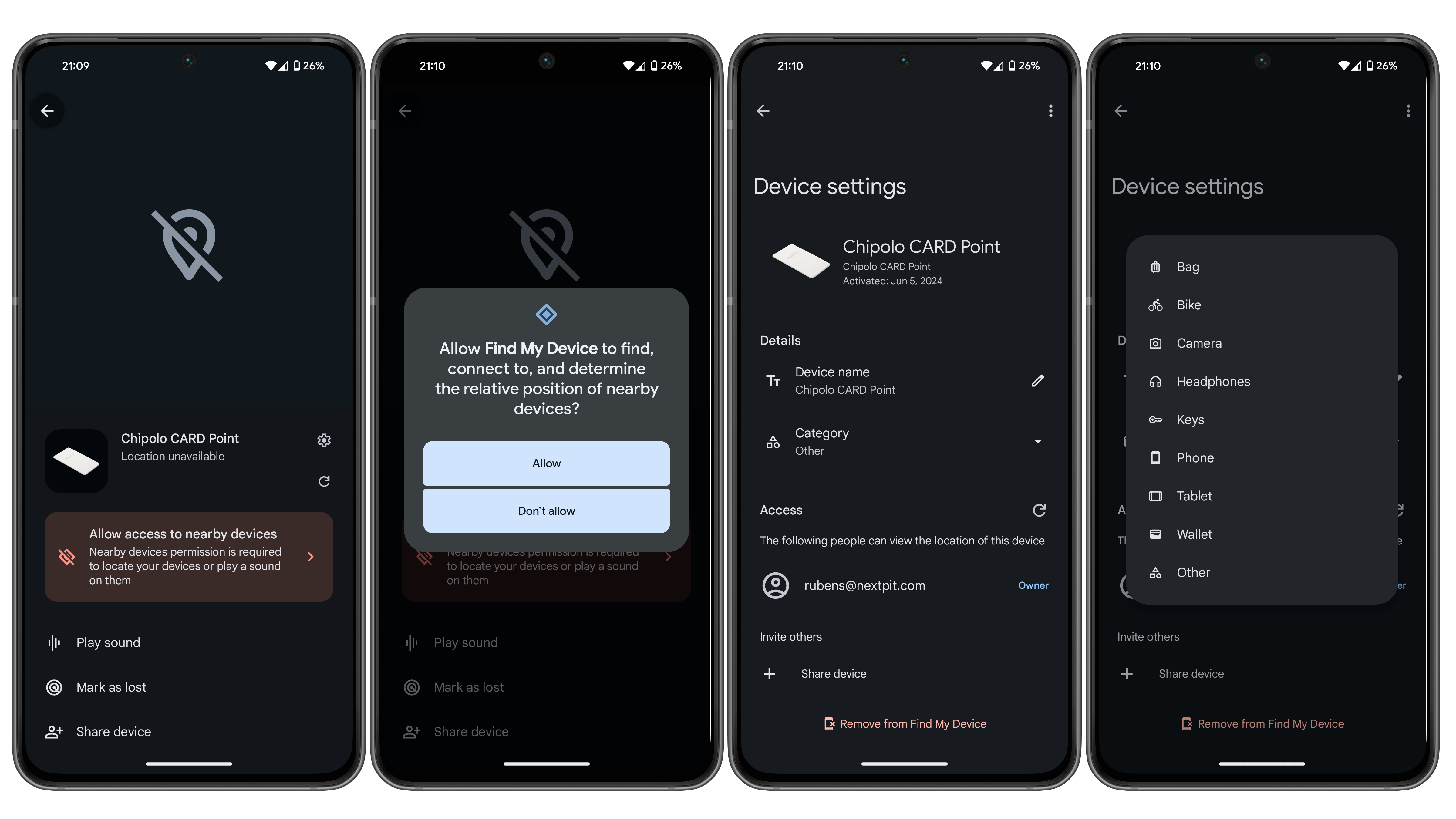 Captures d'écran des réglages de Find My Device avec le tracker d'objets Chipolo