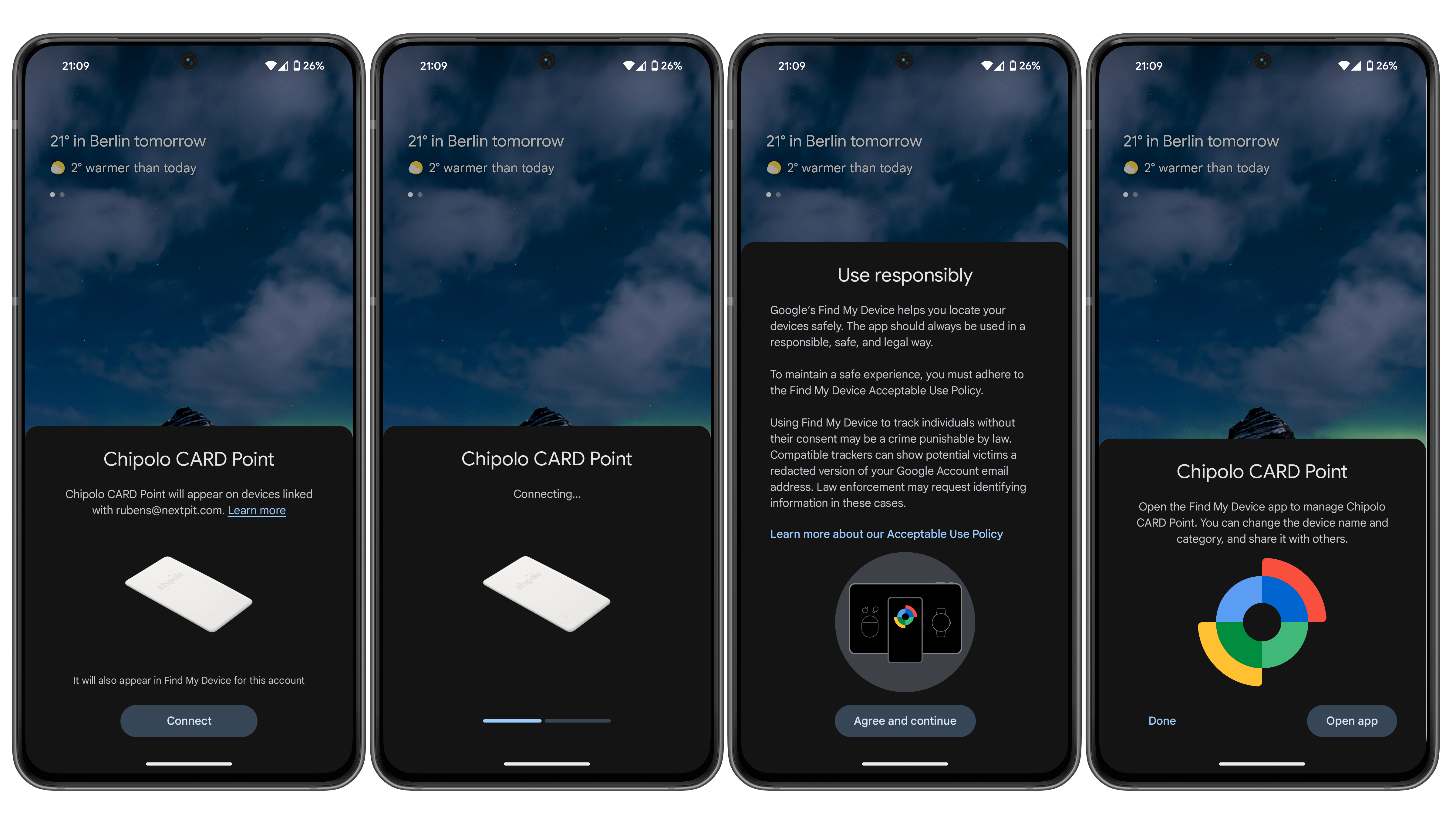 Captures d'écran montrant l'appairage du tracker Chipolo avec un smartphone Android via Google Fast Pair