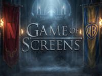 Une grande lettre : Game of Screens, mais dans la police Game of Thrones. À gauche, un drapeau de Netflix, à droite un drapeau de Warner.
