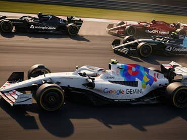 Quelques voitures de course se battent en duel sur la piste, la voiture portant le logo de Gemini est en tête.