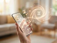 On tient un smartphone dans la main et on voit symboliquement des données voler autour.