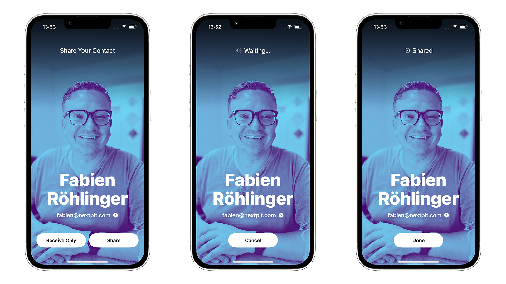 Captures d'écran de la fonction NameDrop sur iOS 17