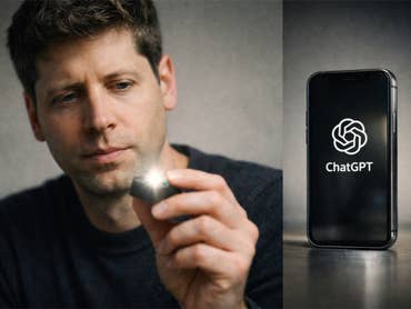 Sam Altman d'OpenAI tient un appareil méconnaissable. À côté, un téléphone portable avec ChatGPT.