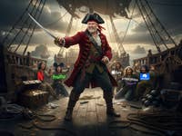 Un pirate avec une épée se tient sur un navire, entouré de membres d'équipage effrayés. Logos de services de streaming visibles.