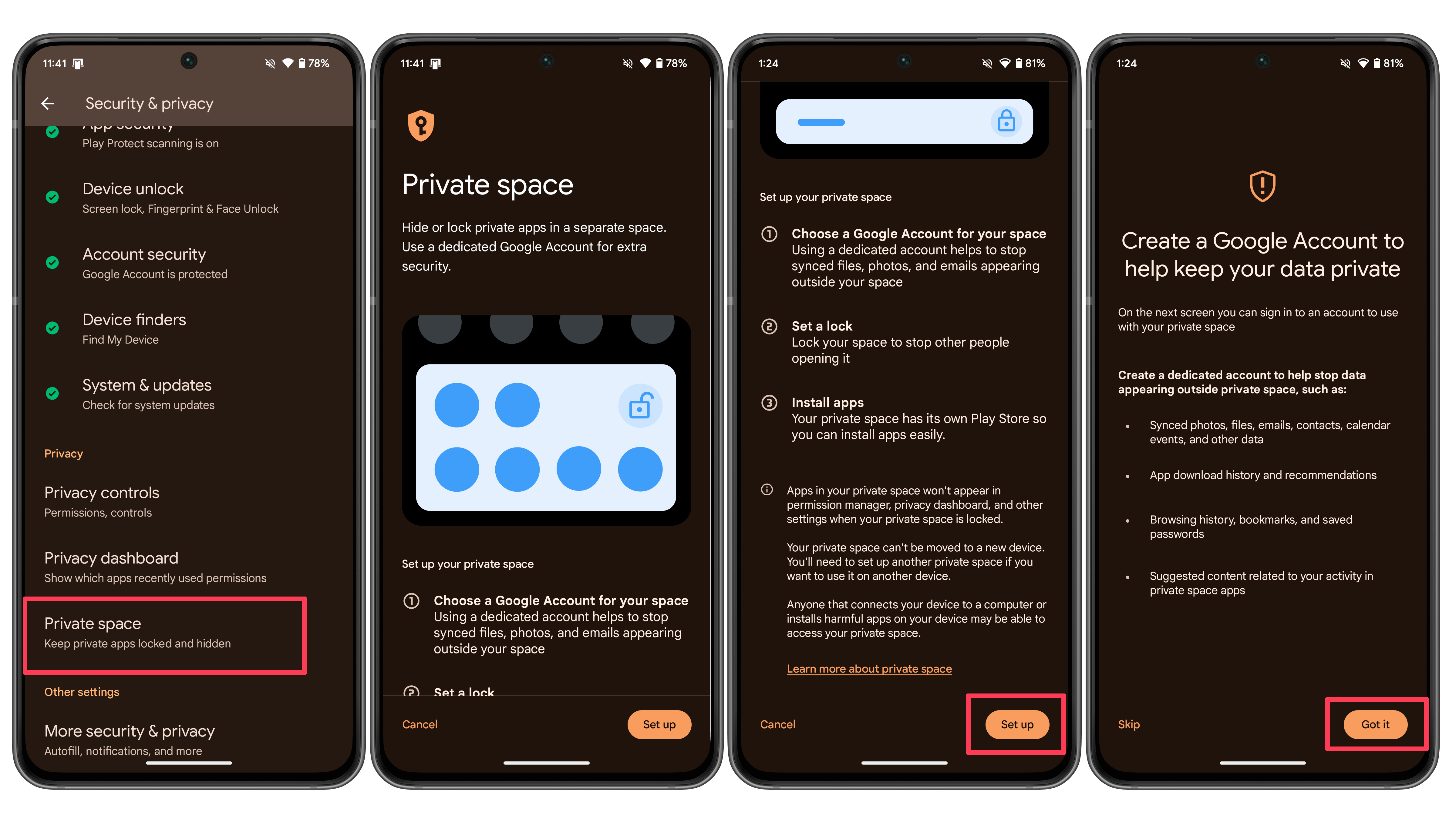 Captures d'écran du processus d'activation d'Espace Privé